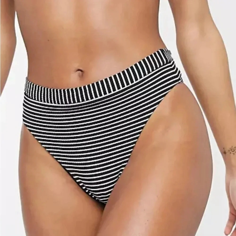 Seafolly high leg in black and white stripe high waisted bikini bottom, size 6